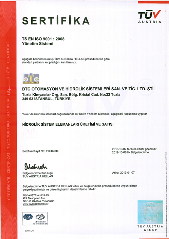 BTC Otomasyon TS EN ISO 9001 2008